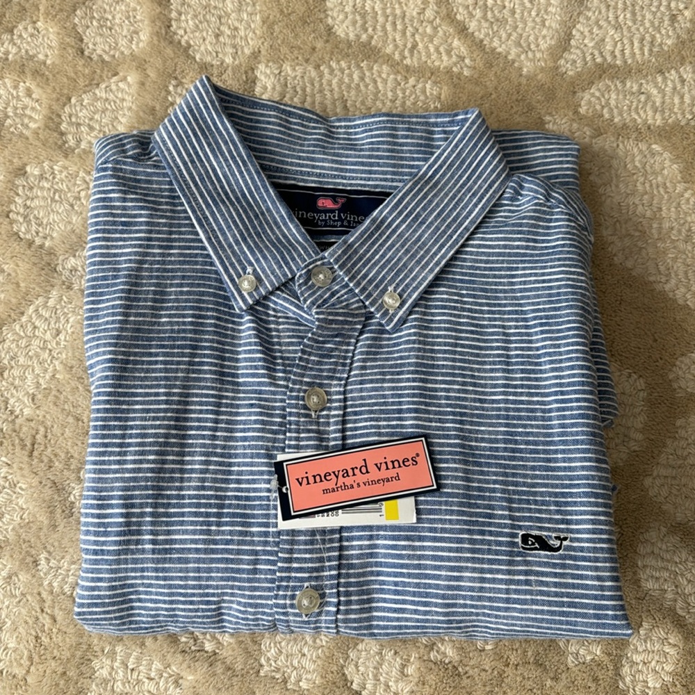 Vineyard Vines Slim Fit Linen Striped Whale Shirt NWT - Picture 6 of 6